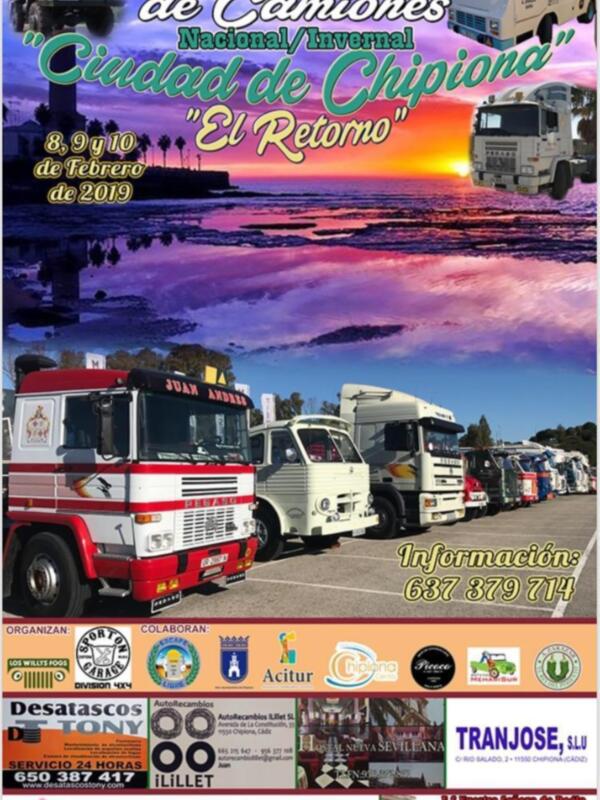 Concentración Nacional de Camiones en Chipiona, organizada por Sportomotors, con información de contacto y colaboración de varias empresas locales.