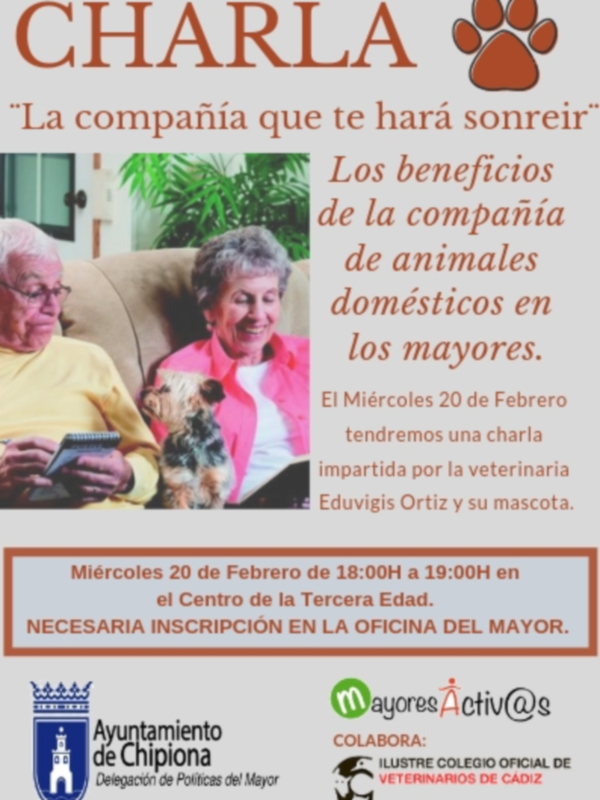 Charla sobre la compañía de animales domésticos en los mayores, el 20 de febrero de 18:00 a 19:00 en el Centro de la Tercera Edad. Inscripción necesaria en la Oficina del Mayor.