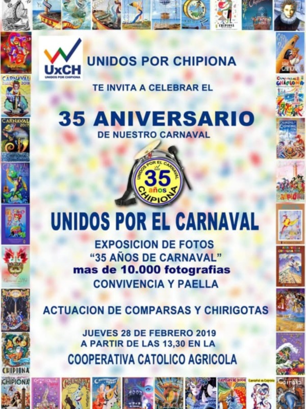 Celebración del 35º Aniversario del Carnaval de Chipiona con exposición de fotos y actuaciones de comparsas y chirigotas.