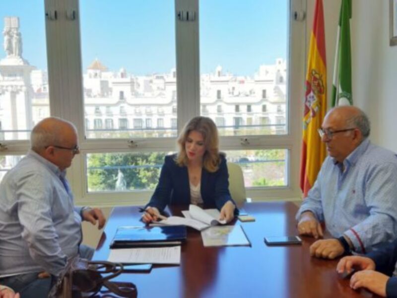 Una reunión formal en un despacho con cuatro personas sentadas alrededor de una mesa, documentos y una bandera española en el fondo. El ambiente es profesional y la vista exterior muestra edificios y un cielo azul claro.