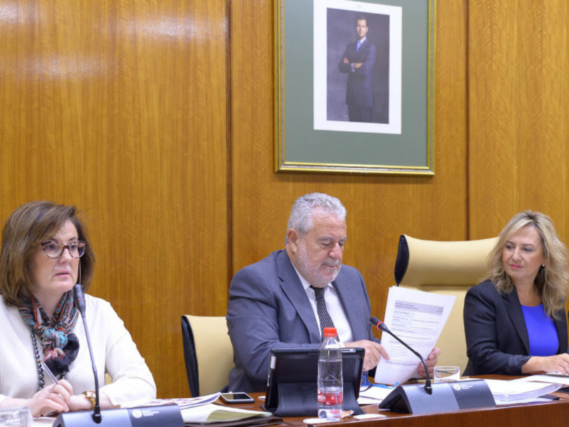 Una reunión formal en una sala de conferencias con tres personas sentadas en una mesa, cada una con documentos y un teléfono móvil. La pared de fondo está decorada con un retrato y la mesa tiene botellas de agua y documentos.