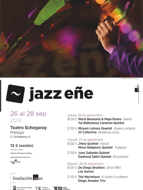 Festival de Jazz en Málaga, del 26 al 28 de septiembre de 2019 en el Teatro Echegaray, con actuaciones de artistas como María Berasarte & Pepe Rivero y The Machetazo.