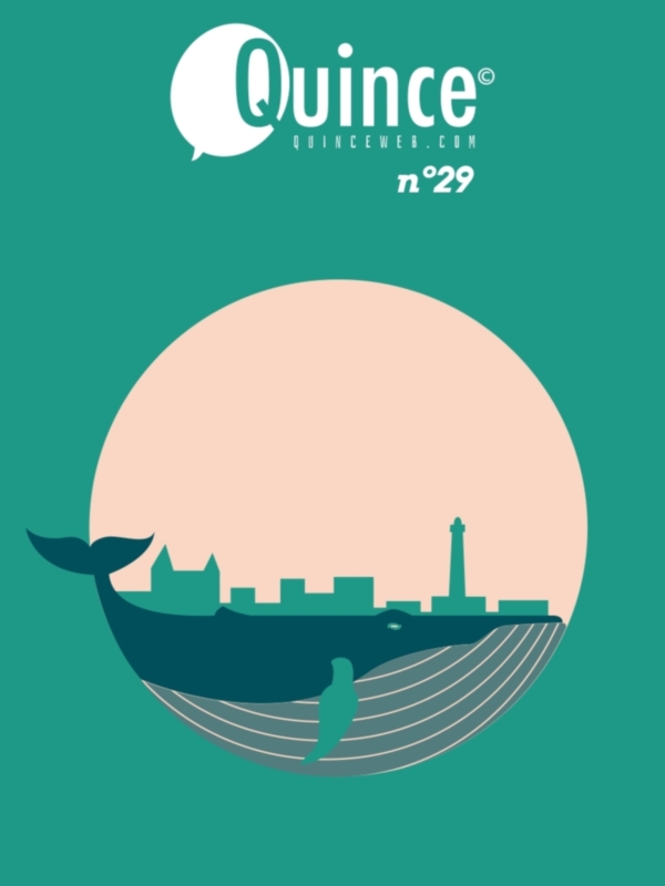Ilustración de una ballena con un paisaje urbano en el fondo, bajo un círculo rosado, con el logo 'Quince' en la parte superior.