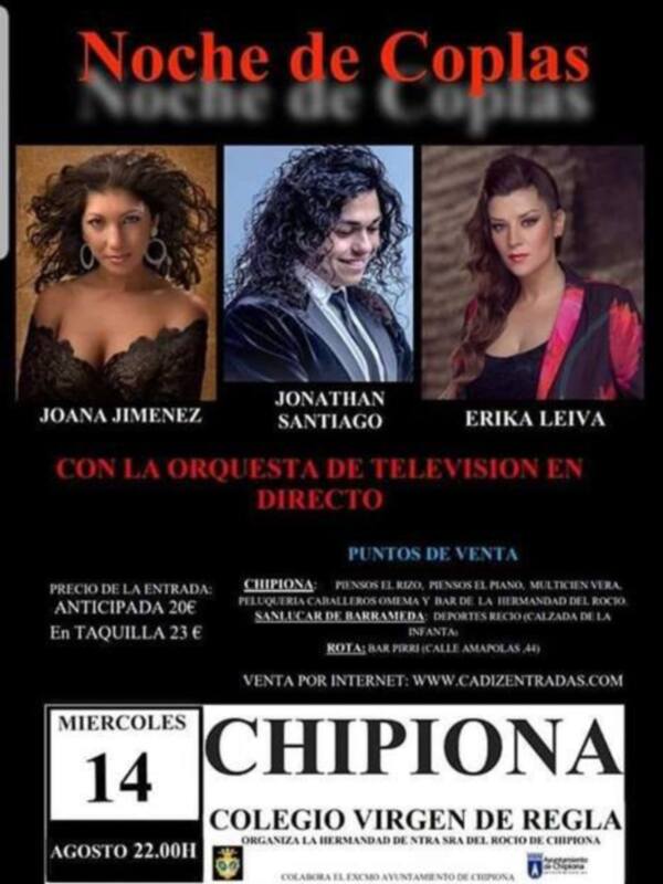 Noche de Coplas: Con Joana Jiménez, Jonathan Santiago y Erika Leiva, en Chipiona, 14 de agosto a las 22:00.