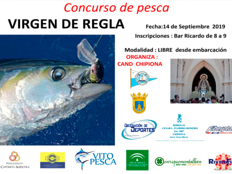 Convocatoria para el Concurso de Pesca Virgen de Regla, 14 de septiembre 2019, modalidad libre desde embarcación, organizado por Candelaria Chipiona.