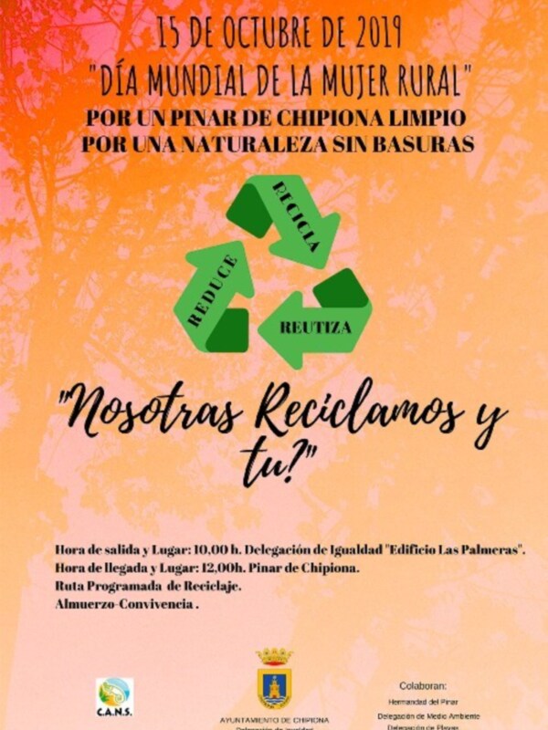 Celebración del Día Mundial de la Mujer Rural el 15 de octubre de 2019 en Chipiona, promoviendo reciclaje y concienciación ambiental.