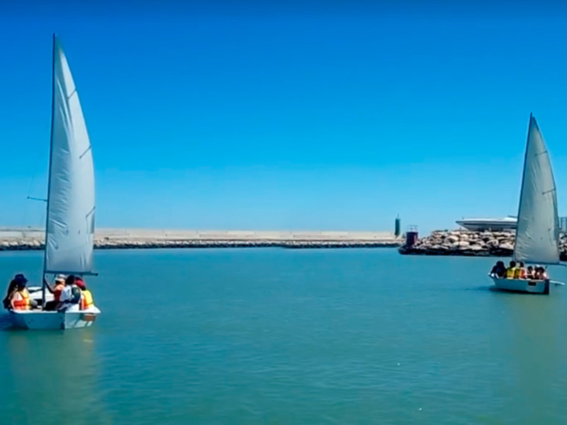 Dos barcos a vela navegando en aguas tranquilas bajo un cielo azul despejado.