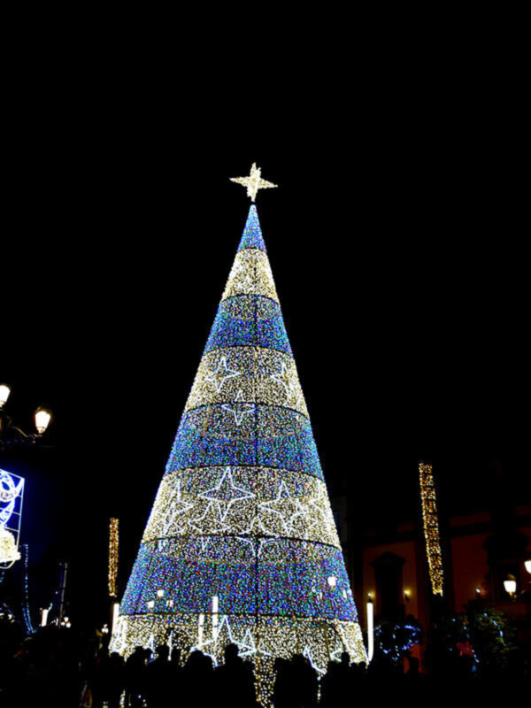 Árbol de Navidad iluminado con luces de colores en una plaza nocturna.