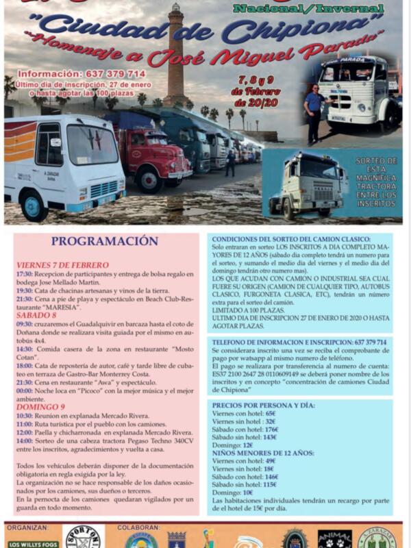 IV Concentración Nacional/Invernal de Camiones 'Ciudad de Chipiona' (7-9 de febrero 2020). Evento con camiones clásicos, cata de chacinas, cata de repostería, y espectáculos en la playa.