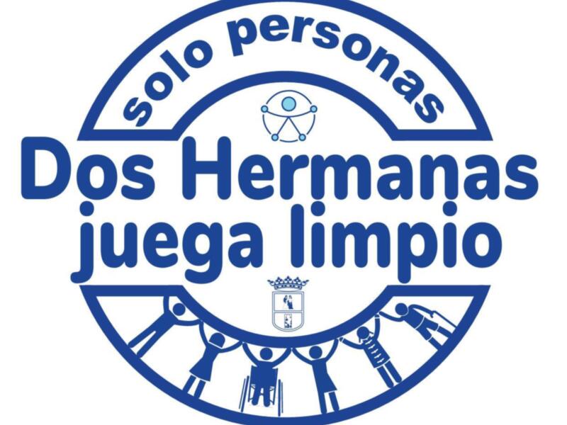 Logo de la organización "Dos Hermanas" con el lema "solo personas", y una imagen simbólica de una persona sosteniendo a otra, representando la unión y el apoyo mutuo.