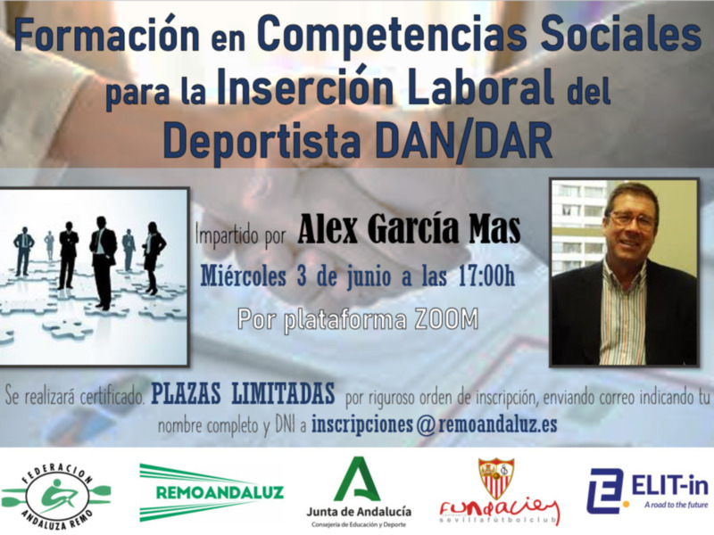 Formación en Competencias Sociales para la Inserción Laboral impartida por Alex García García Mas, miércoles 3 de junio a las 17:00h en Zoom. Plazas limitadas. Inscripciones: inscripciones@remoandaluz.es