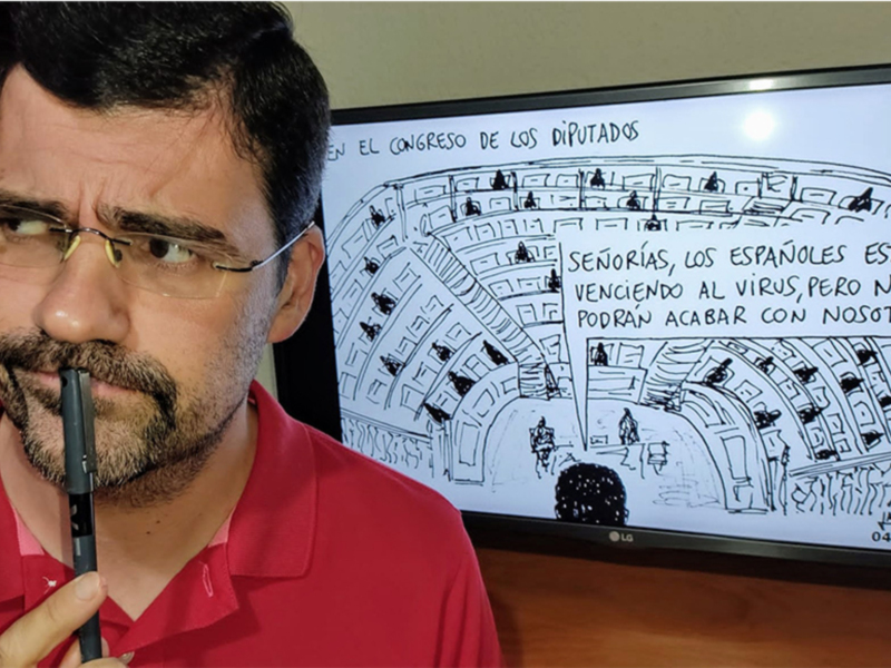 Un hombre habla frente a un dibujo de un Congreso con texto en español sobre el virus y la lucha contra él.