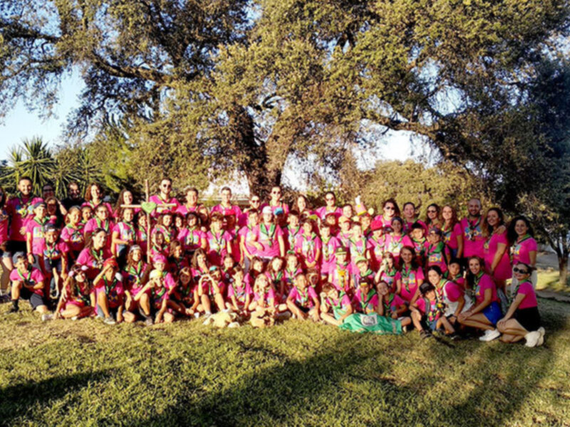 Grande grupo de personas en camisetas rosas posando juntos en un parque soleado.