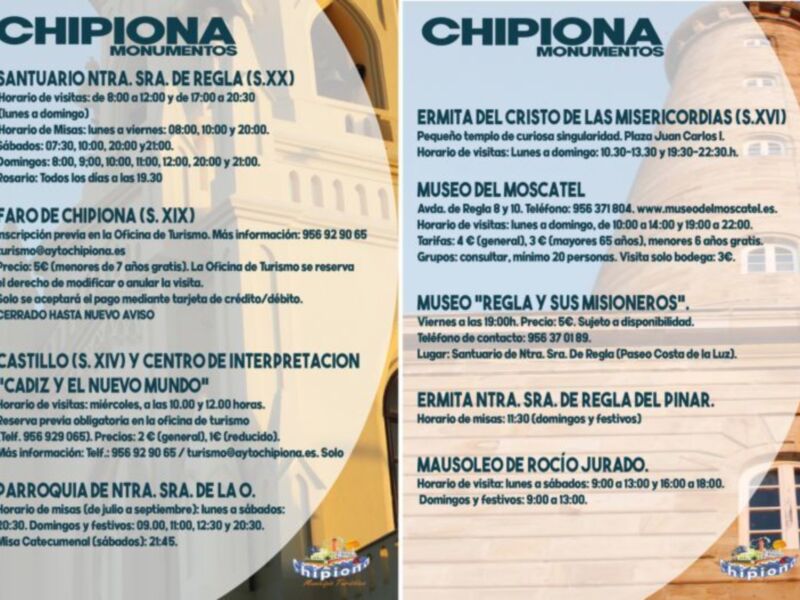 Información detallada sobre monumentos históricos de Chipiona, incluyendo horarios de visitas, tarifas y más detalles sobre cada monumento.