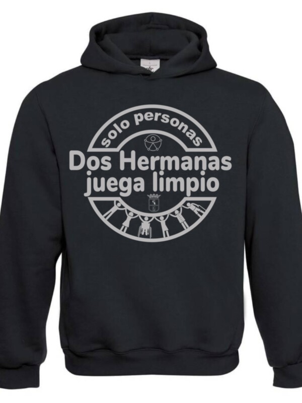 Sudadera negra con diseño de texto en español y símbolos gráficos en blanco.