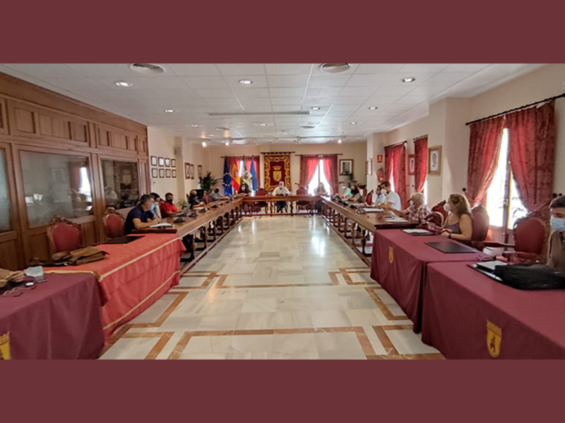 Reunión en sala de conferencias con personas sentadas en largas mesas, rodeadas de banderas y decoración formal.