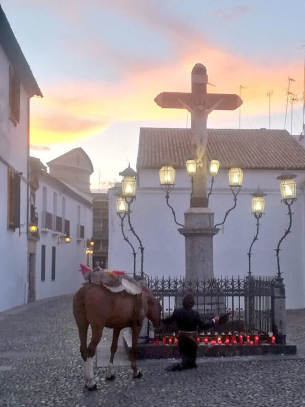 Puesta de sol en una plaza con una cruz monumental y un caballo en primer plano, iluminado por farolas antiguas.