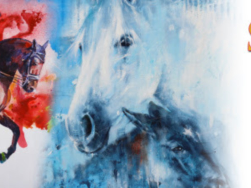 Dibujo de un caballo blanco y otro negro, con un fondo de colores brillantes. El texto 'SICAB 2020' se encuentra en la parte superior derecha del dibujo.