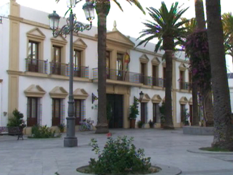 Plaza con palmeras y edificio colonial en el fondo.