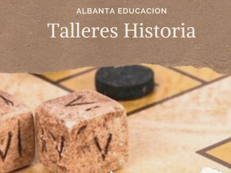 Talleres de historia con dados y tablero, enfocados en aprendizaje interactivo.