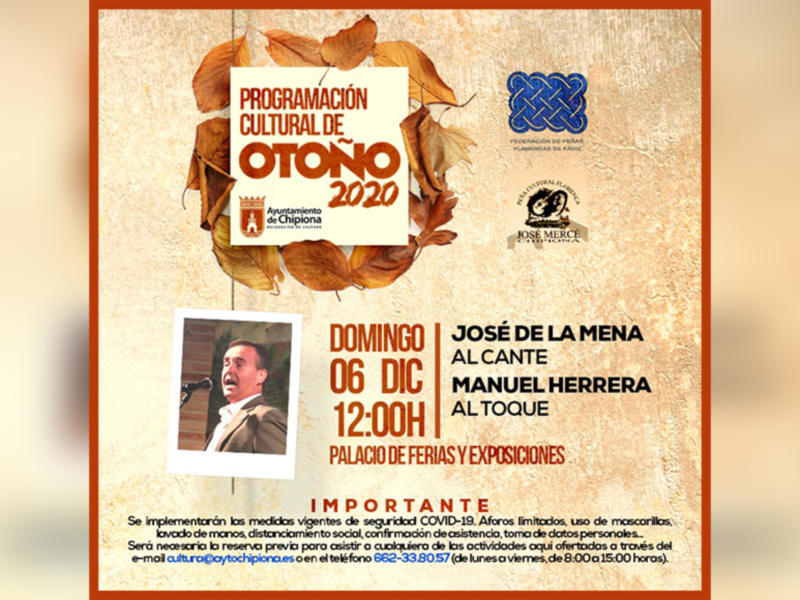 Afiche para la Programación Cultural de Otoño 2020 en Chipiona, con evento el 6 de diciembre a las 12:00 en el Palacio de Ferias y Exposiciones.