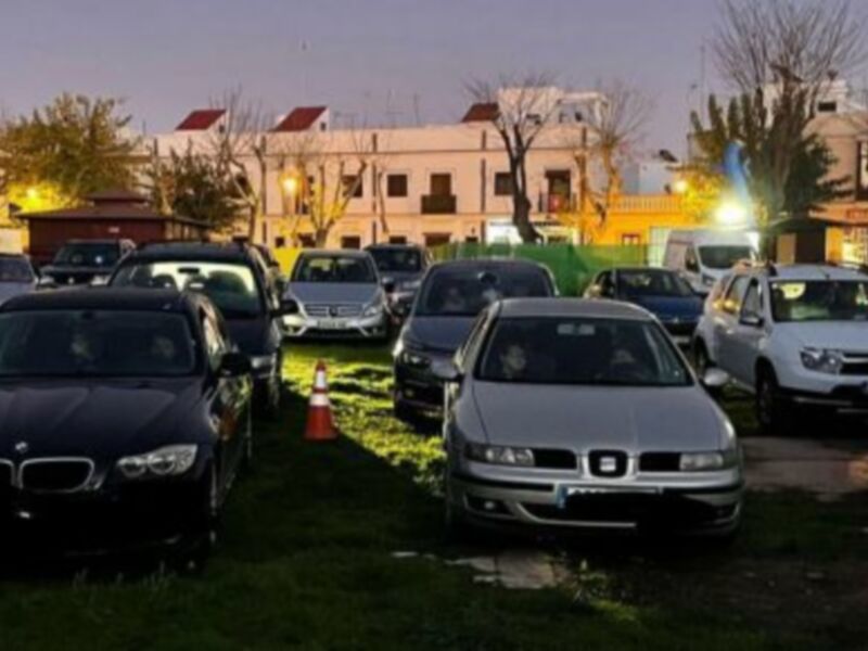 Vista de varios vehículos estacionados en un área con vegetación y edificios al fondo, durante la noche o en un ambiente con iluminación artificial.