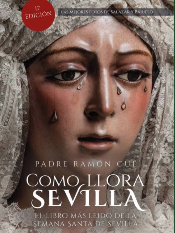 Retrato de la Virgen de la Caridad del Cobre, con detalles de su vestimenta y la leyenda del libro 'Como Llora' sobre ella.