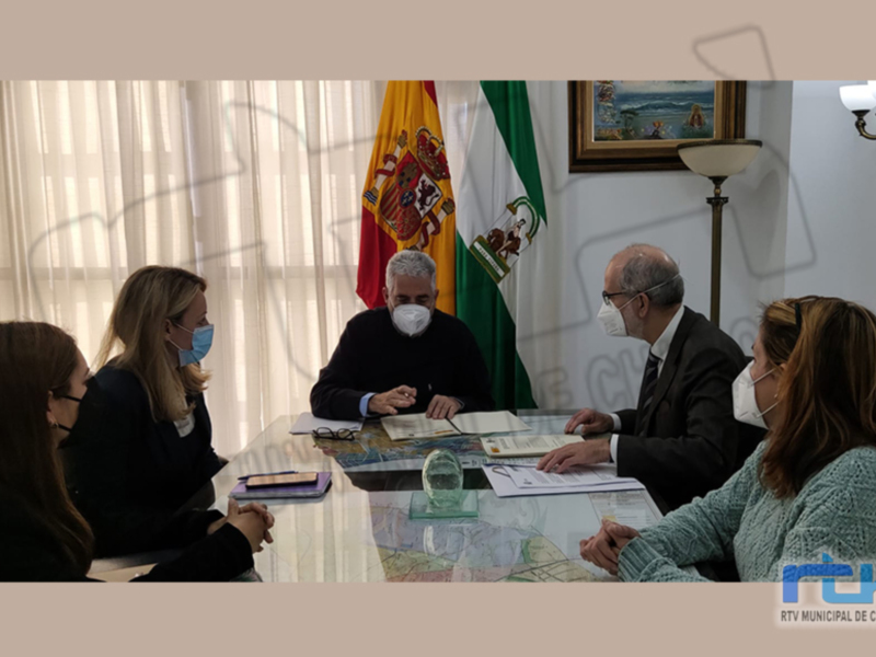 Reunión de trabajo con banderas de España y Cádiz en el fondo, participantes con mascarillas.