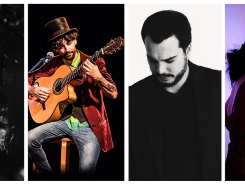 Collage de artistas musicales en vivo: cantante, guitarrista, cantante de flamenco y músico de piano.