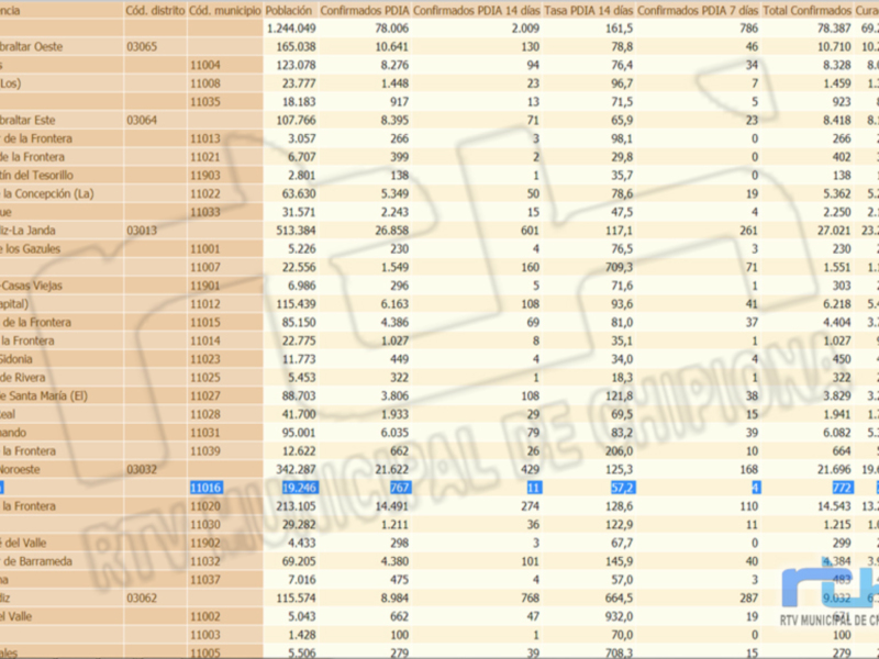 Tabla estadística de datos demográficos y sanitarios de municipios en la provincia de Cádiz, España.