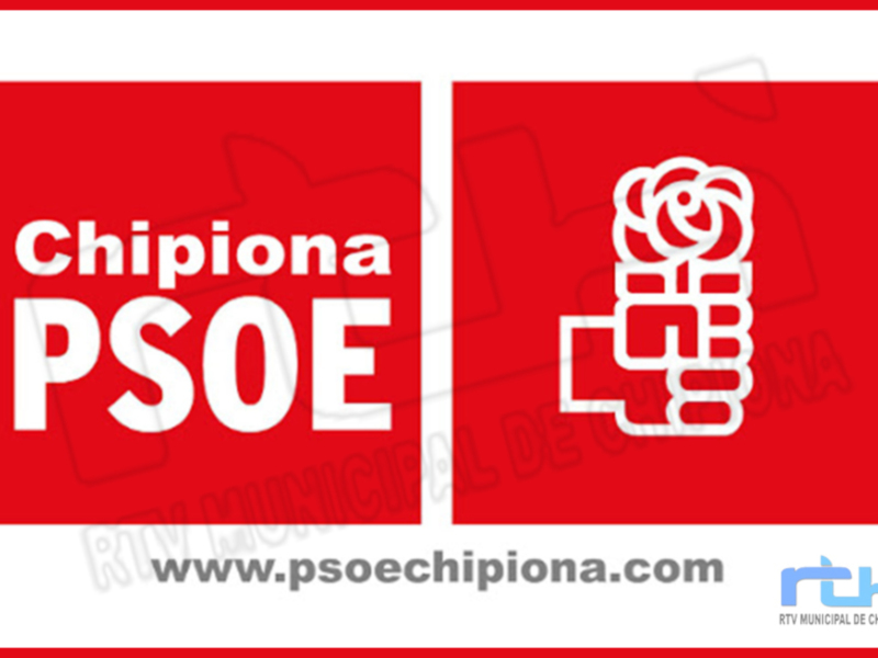 Logotipo del PSOE de Chipiona con el nombre y símbolo del partido en rojo y blanco.