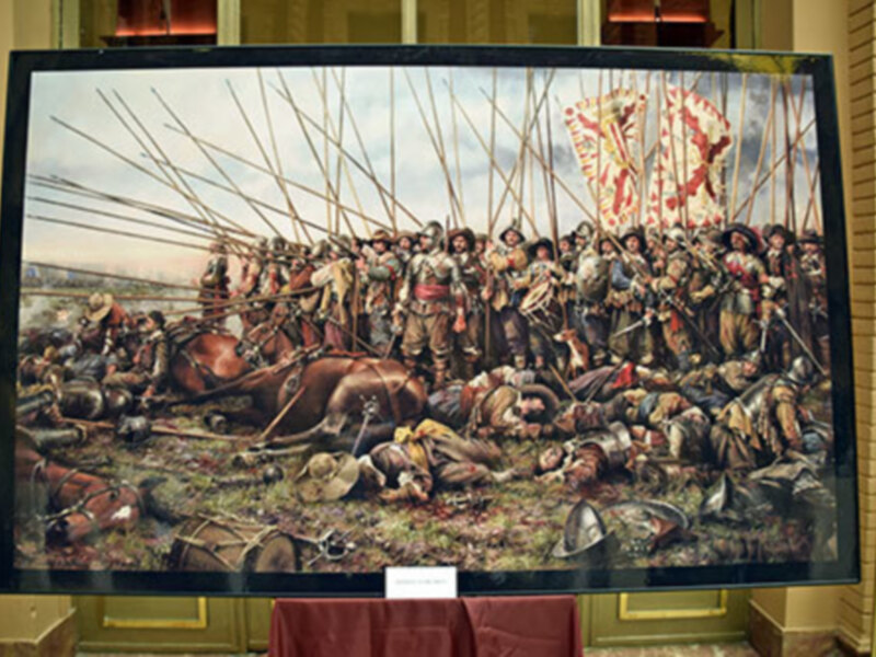 Pintura histórica representando una batalla con soldados en armadura y caballería en primer plano.