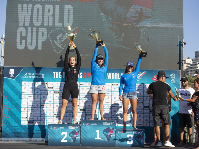 Three female athletes celebrate on a podium, each holding a trophy. The backdrop features the 'World Cup' logo and various sponsor logos.