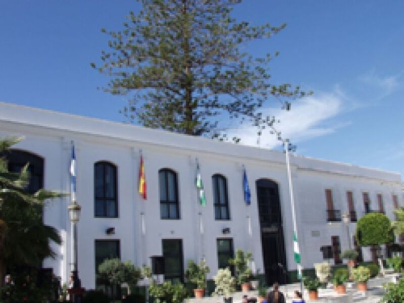 Fachada de un edificio blanco con banderas y árboles en el frente, bajo un cielo azul claro.