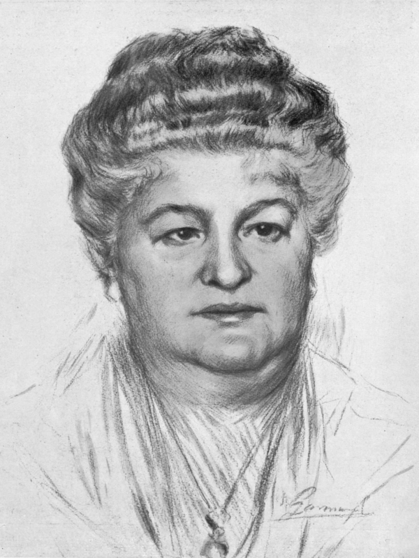 Retrato en lápiz de una mujer con cabello rizado, vestida con un chal.