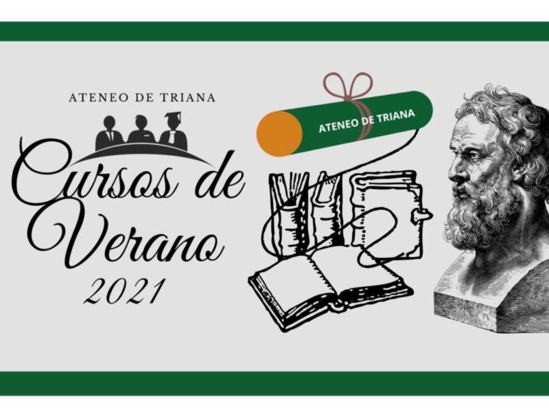Anuncio de los Cursos de Verano del Ateneo de Triana 2021, con ilustraciones de libros y un busto.
