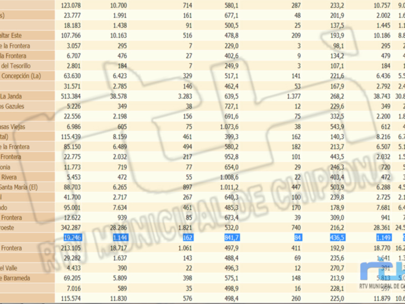 Tabla de datos numéricos con encabezados y filas de información detallada.