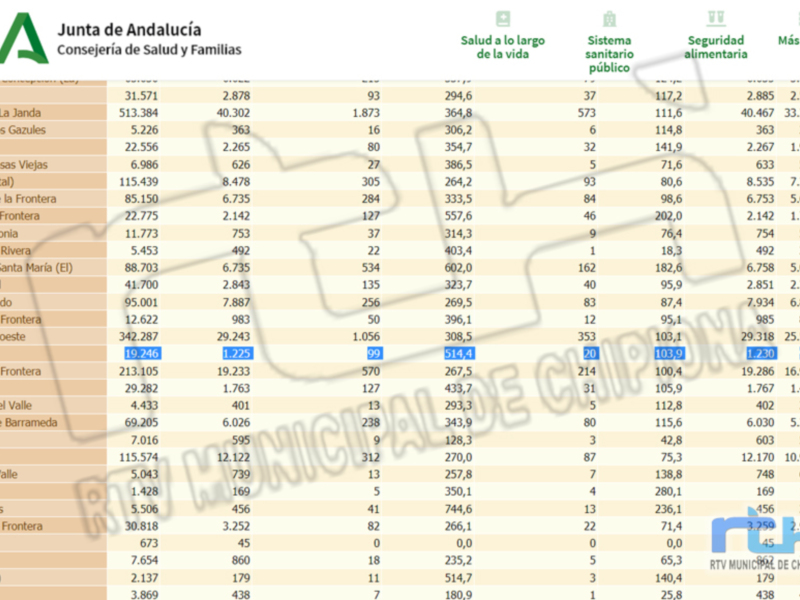 Tabla de datos sobre salud y sistemas sanitarios en Andalucía, España, proporcionada por la Junta de Andalucía.