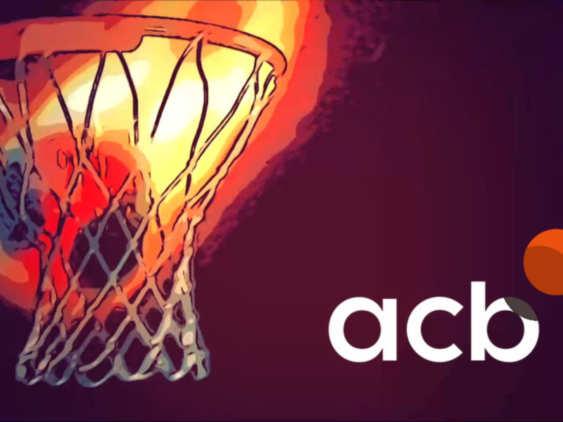 Ilustración de un aro de baloncesto con una pelota atravesando el aro, destacando el logo 'acb' en el lado derecho.
