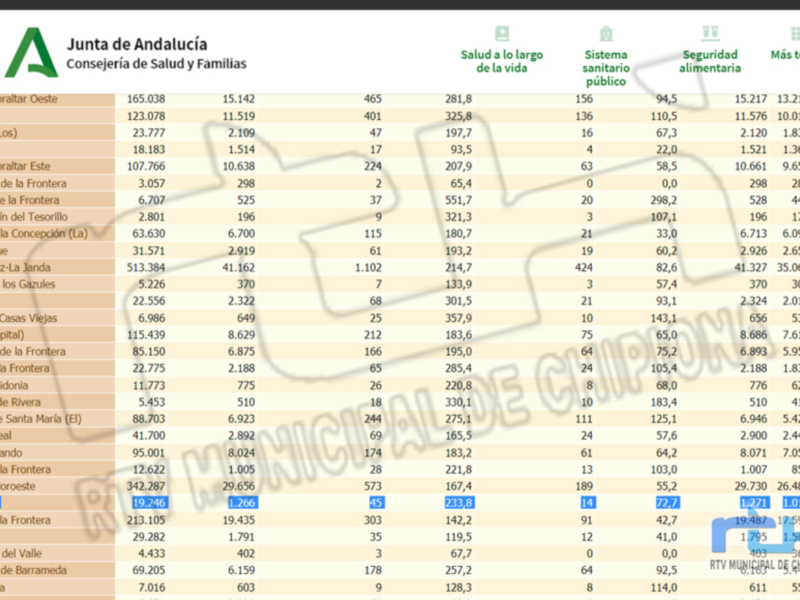 Tabla de datos de la Junta de Andalucía sobre salud y sistemas sanitarios en diferentes municipios de España.