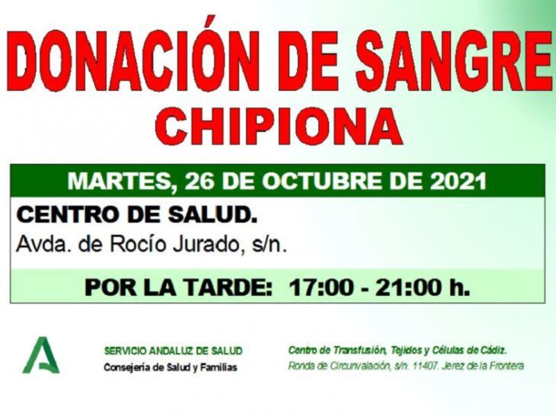 Donación de sangre en el Centro de Transfusión, Tejidos y Células de Cádiz, el martes 26 de octubre de 2021, de 17:00 a 21:00 horas.