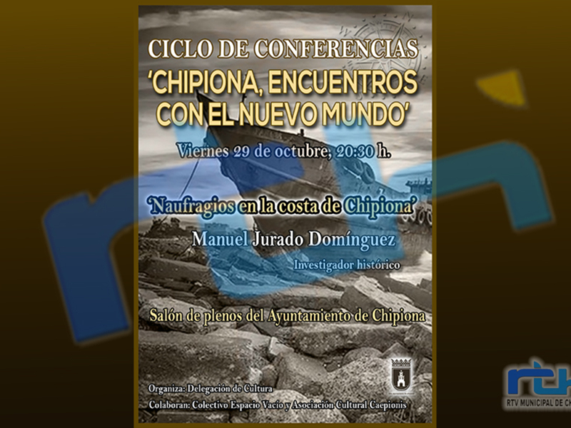 Cartel anunciando una conferencia sobre naufragios en Chipiona, el 29 de octubre a las 20:30 h.