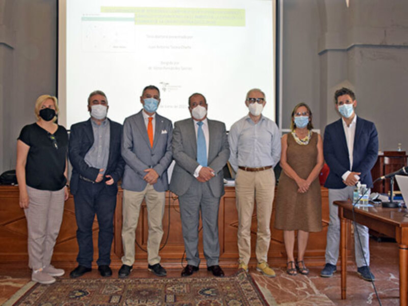 Gruppo di esperti in una conferenza con mascherine per la sicurezza.