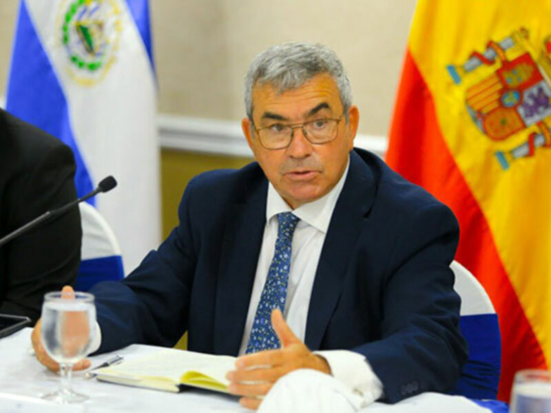 Persona en traje hablando durante una reunión con banderas de España y El Salvador en el fondo.