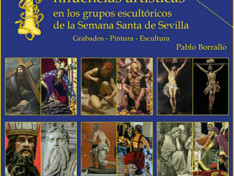 Portada de un libro sobre influencias artísticas en grupos escultóricos de Sevilla, con imágenes de esculturas y grabados.