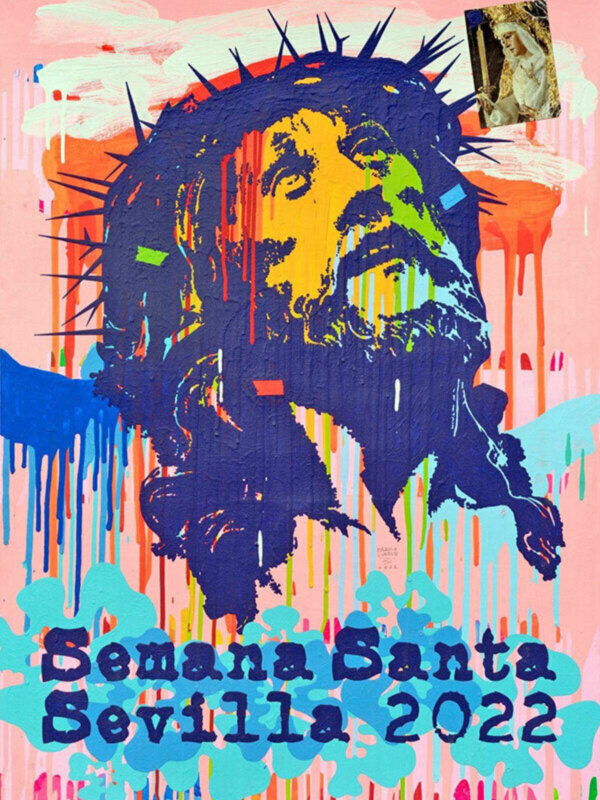 Ilustración vibrante de Jesús con corona de espinas para la Semana Santa de Sevilla 2022.