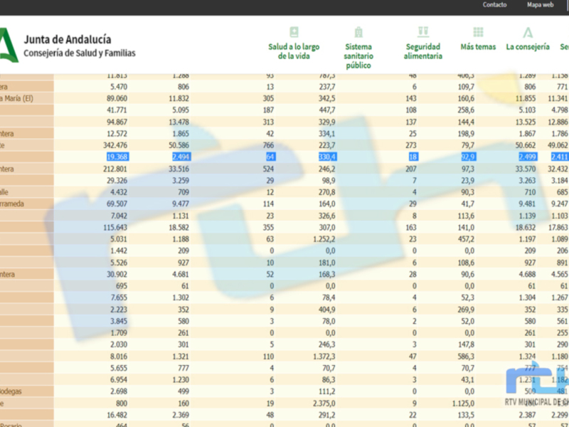 Tabla de datos estadísticos de la Junta de Andalucía, detalle de servicios y sistemas sanitarios por municipio.