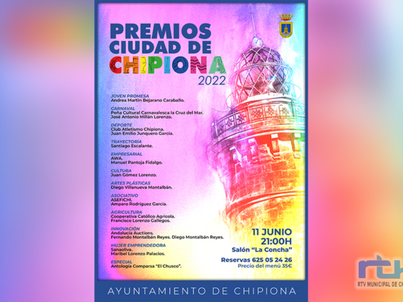 Afiche de los Premios Ciudad de Chipiona 2022, destacando la fecha y lugar del evento.