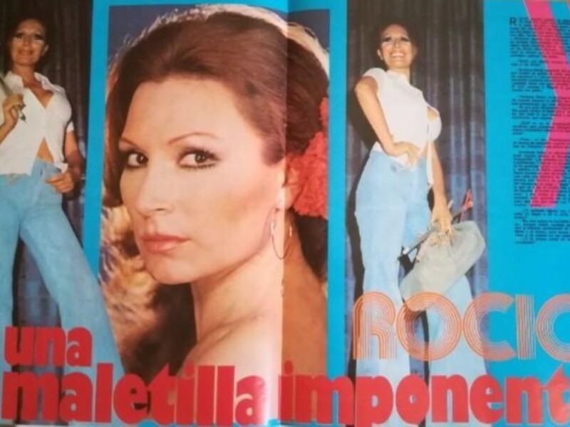 Poster de Rocío Jurado, cantante y actriz española, con imágenes de ella en diferentes poses y el texto 'una maletilla imponente' en rojo.