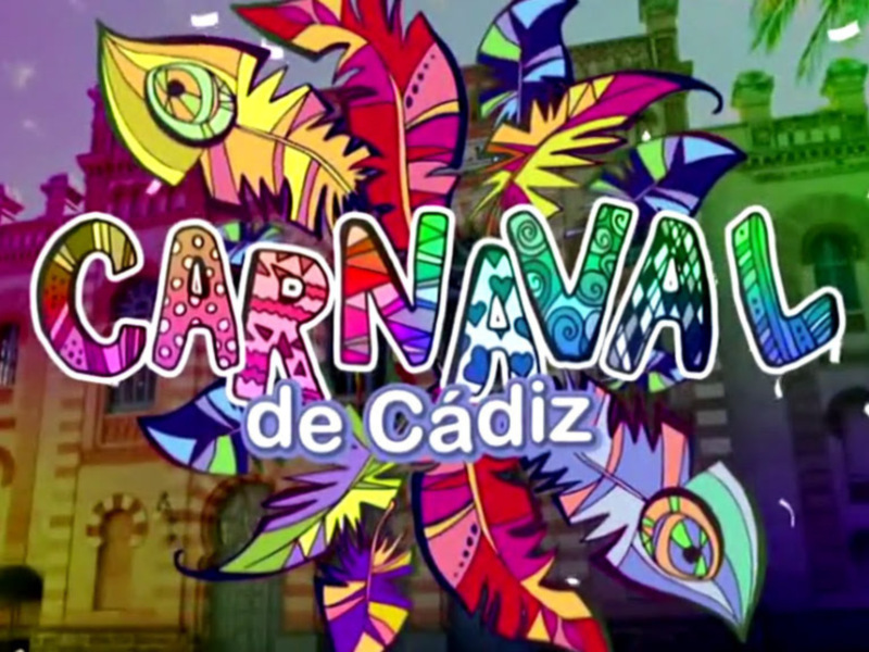 Carnaval de Cádiz: Celebración vibrante con diseño artístico y edificios históricos en el fondo.